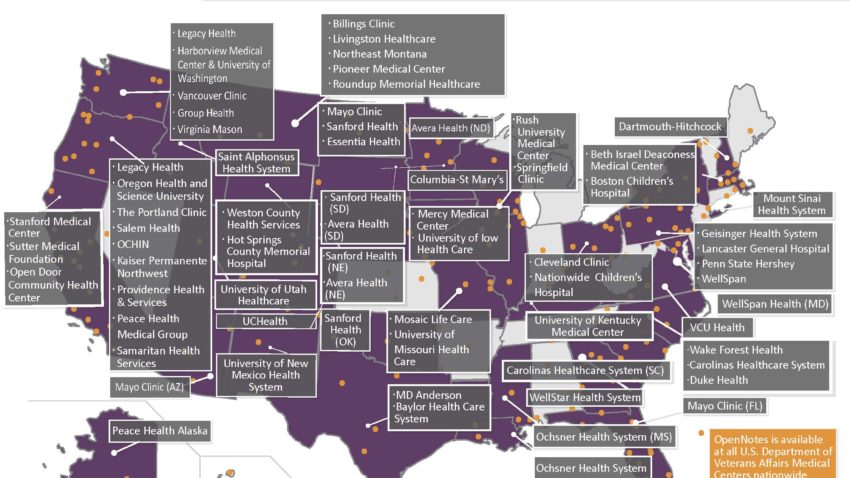 מפת ארצות הברית והגופים שמשתפים מידע רפואי  של מטופלים במסגרת Open Notes